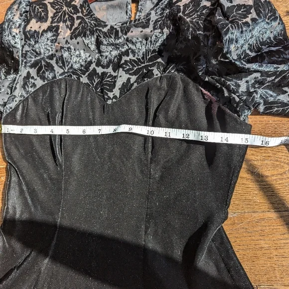 Vintage Piaf Velvet Burnout Midi Dress Sweetheart 80s Cocktail Black witchy goth - Picture 12 of 16